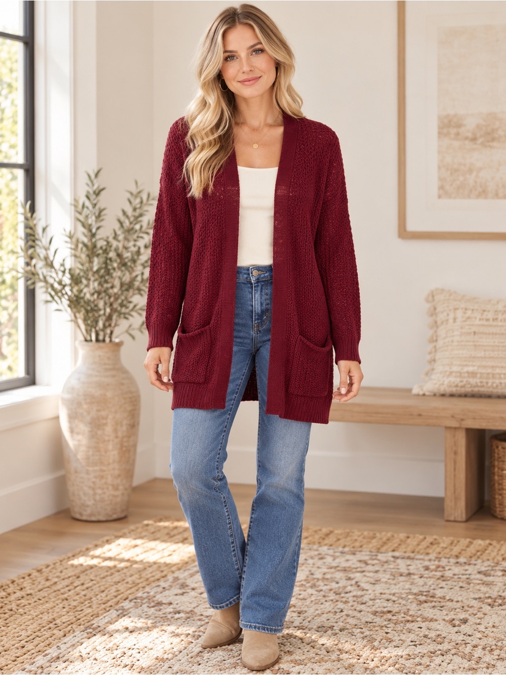 Open-Front Burgundy Women’s Cardigan with Patch Pockets